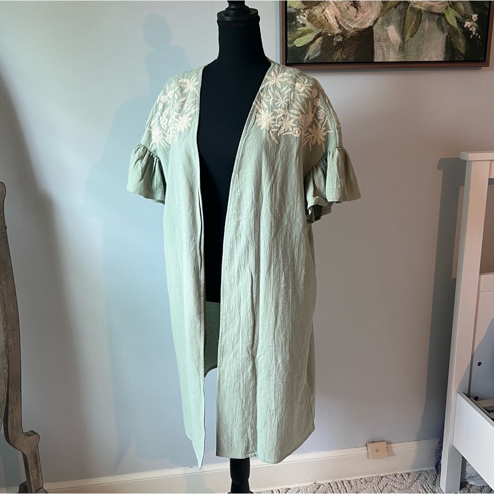 Green Summer Frilled-Sleeve Cardigan
